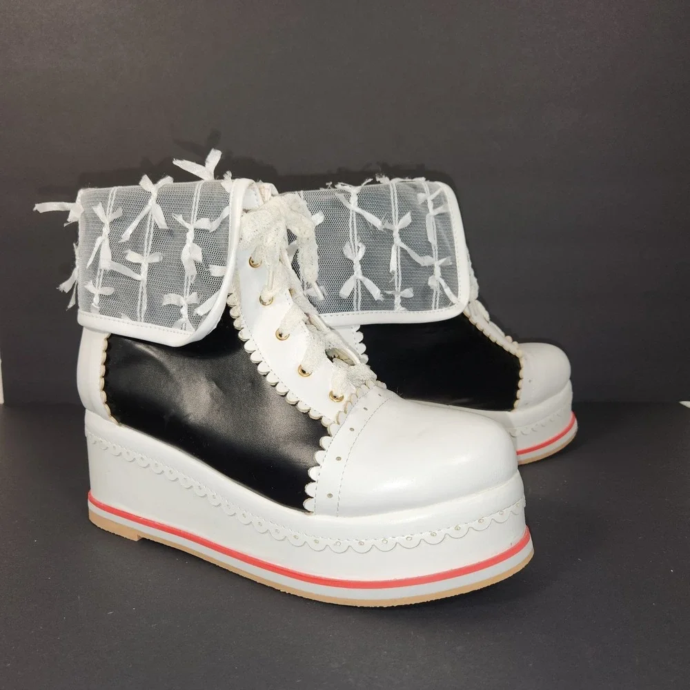 HILIB Platform Ankle Boots Womens White Black Lace Bow Kawaii Lolita Goth Shoes